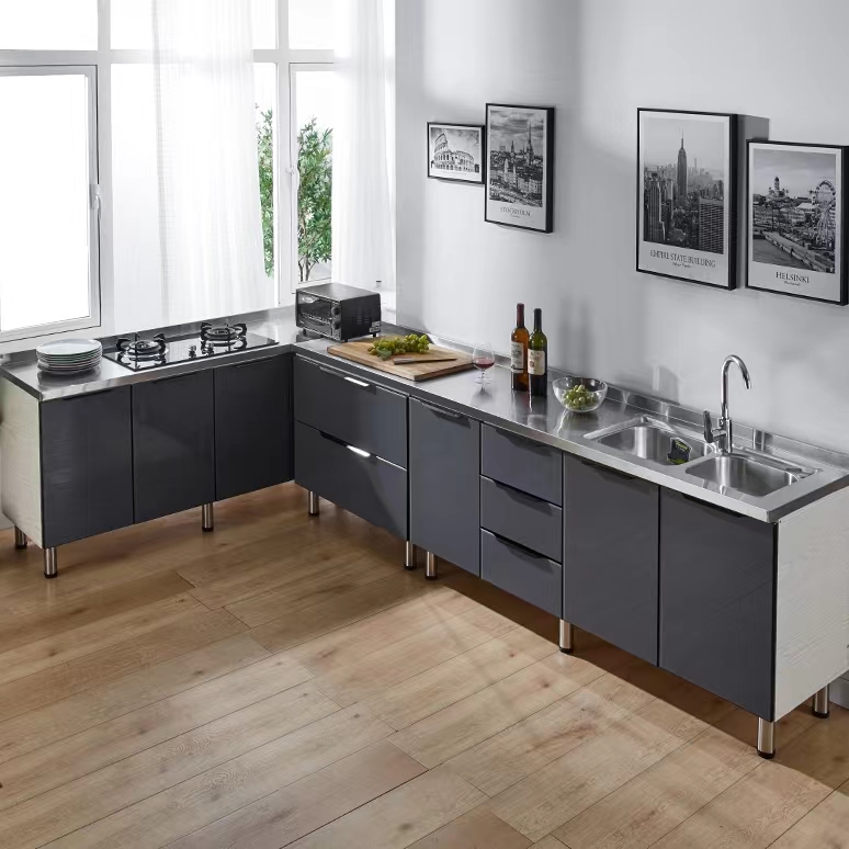 خزانة المطبخ مع كونترتوب من الفولاذ المقاوم للصدأ تخصيص المطبخ
